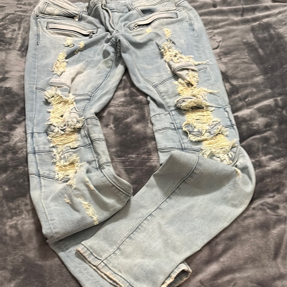 Slim Straight Blue Jeans with Distressed Details